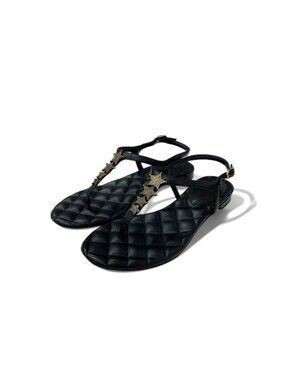 Chanel Sandals Shoes Leather Black Gold CC Logo Star Quilted Thong Flat